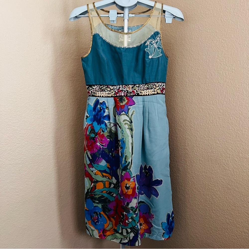 Anthropologie Teal & Multi Floral Sleeveless Dress